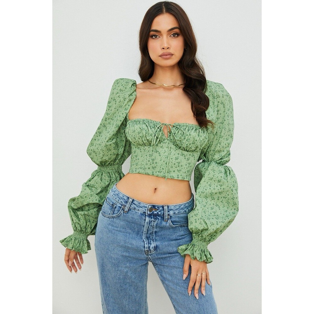 Green Tonal Floral Cropped Corset Top XS
